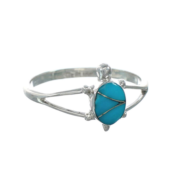 Turquoise Inlay Sterling Silver Navajo Turtle Ring Size 8-3/4 TX10060